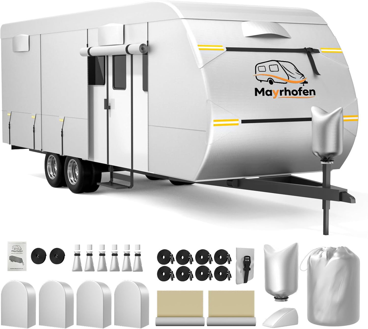 600D Oxford Fabric RV Cover 18-20ft Travel Trailer Cover, 6 Layers Waterproof Rip-Resistant Anti-UV Motorhome Camper Cover with Tongue Jack Protection, Tire Covers, Windproof Straps