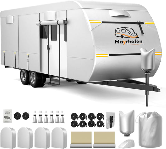 600D Oxford Fabric RV Cover 18-20ft Travel Trailer Cover, 6 Layers Waterproof Rip-Resistant Anti-UV Motorhome Camper Cover with Tongue Jack Protection, Tire Covers, Windproof Straps