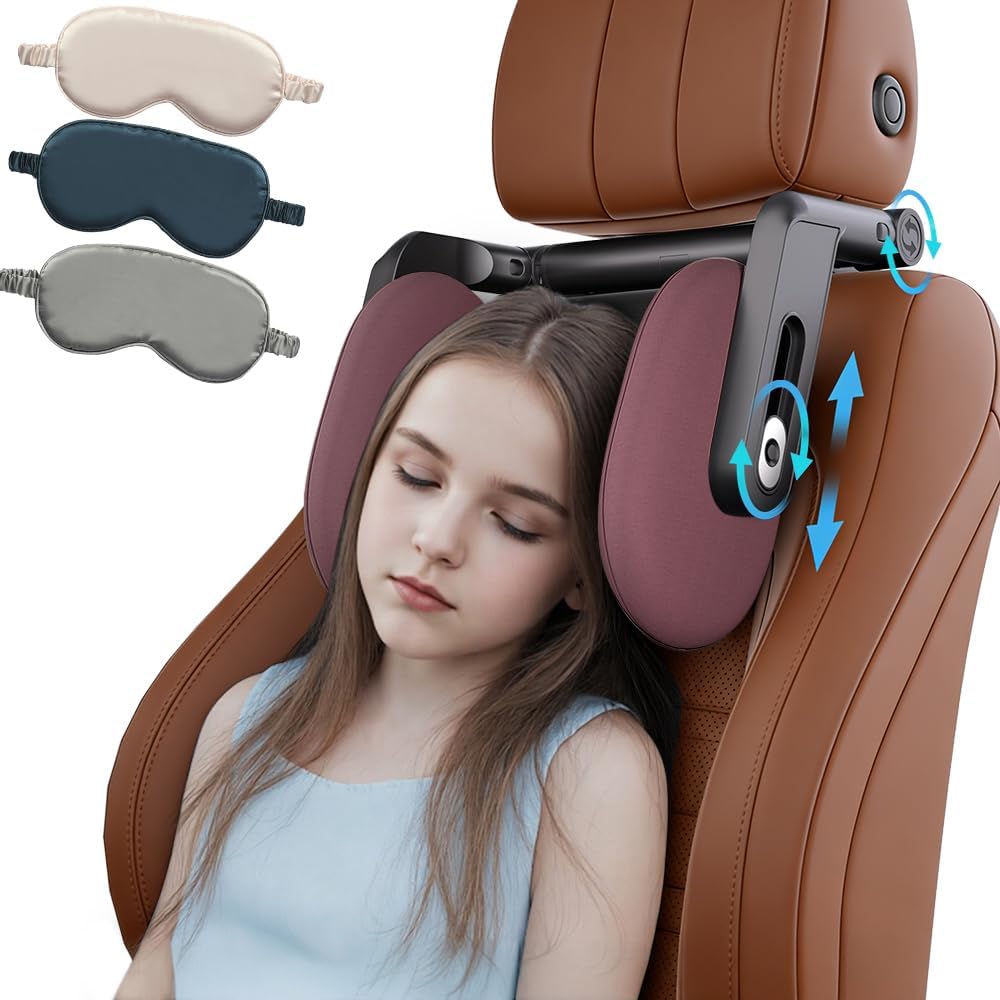 Head Rest Pillow for Car with Hook, Adjustable Car Seat Travel Pillow, Neck Support for Car Seat with Memory Foam & Ice Silk, Kids Adult Road Trip Sleeping Pillow Brownish Red (1 Eye Mask Included)