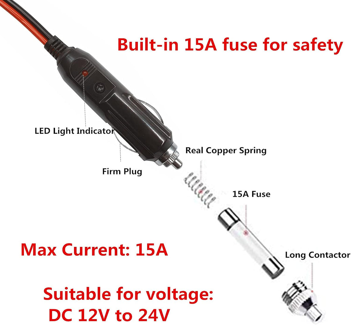 DC 5.5 x 2.1mm Connector Car Charger Power Supply Cord 10ft - 12v 24v Cigarette Lighter Male Plug with LED Light 16AWG Wire 15A Fuse for Portable DVD Player, Car, Camera