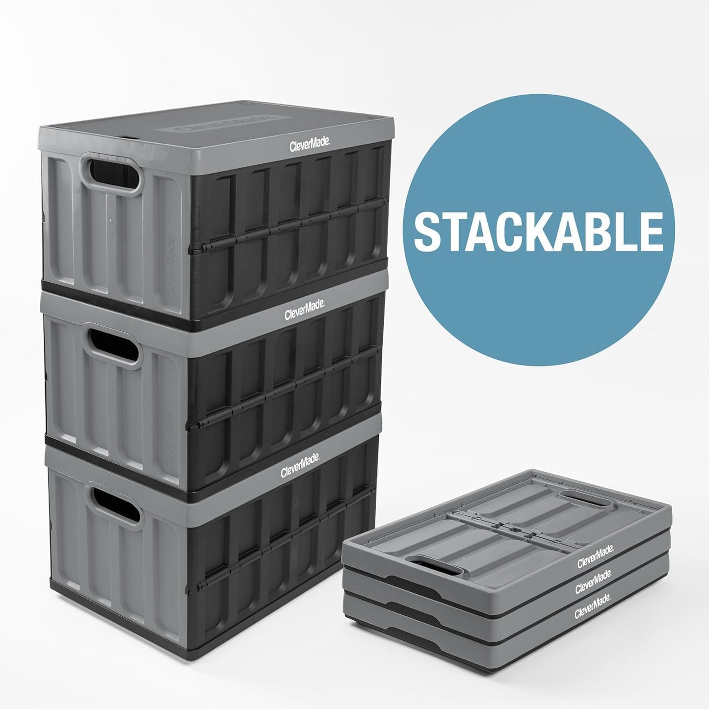 CleverMade Collapsible Plastic Storage Bins with Lids, 46L 3 Pack, Stone | Integrated grips simplify carrying through garages, closets and trunks, with a stack-ready shape that keeps supplies orderly