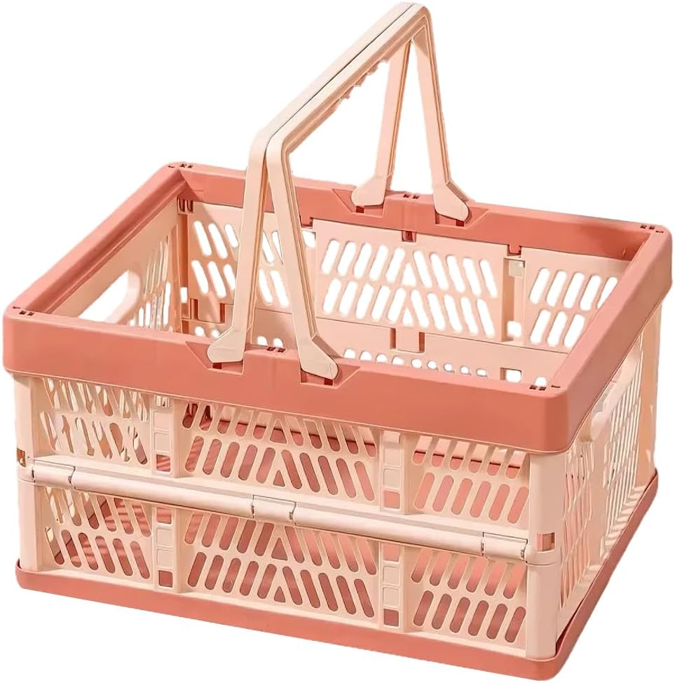 Collapsible Storage Crate with Handles, Milk Crates，33L Foldable Plastic Shopping Basket, Organizer Container for Car Home Pinic (Light pink, Large)