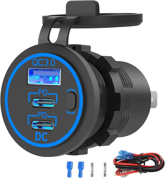 USB C Car Charger Socket 12V USB Outlet, 78W Dual 30W PD and 18W QC3.0 Multi Port Cylinder Charger with Button Switch Waterproof for Car Boat RV Marine Golf Cart Truck Bus Motorcycle etc.