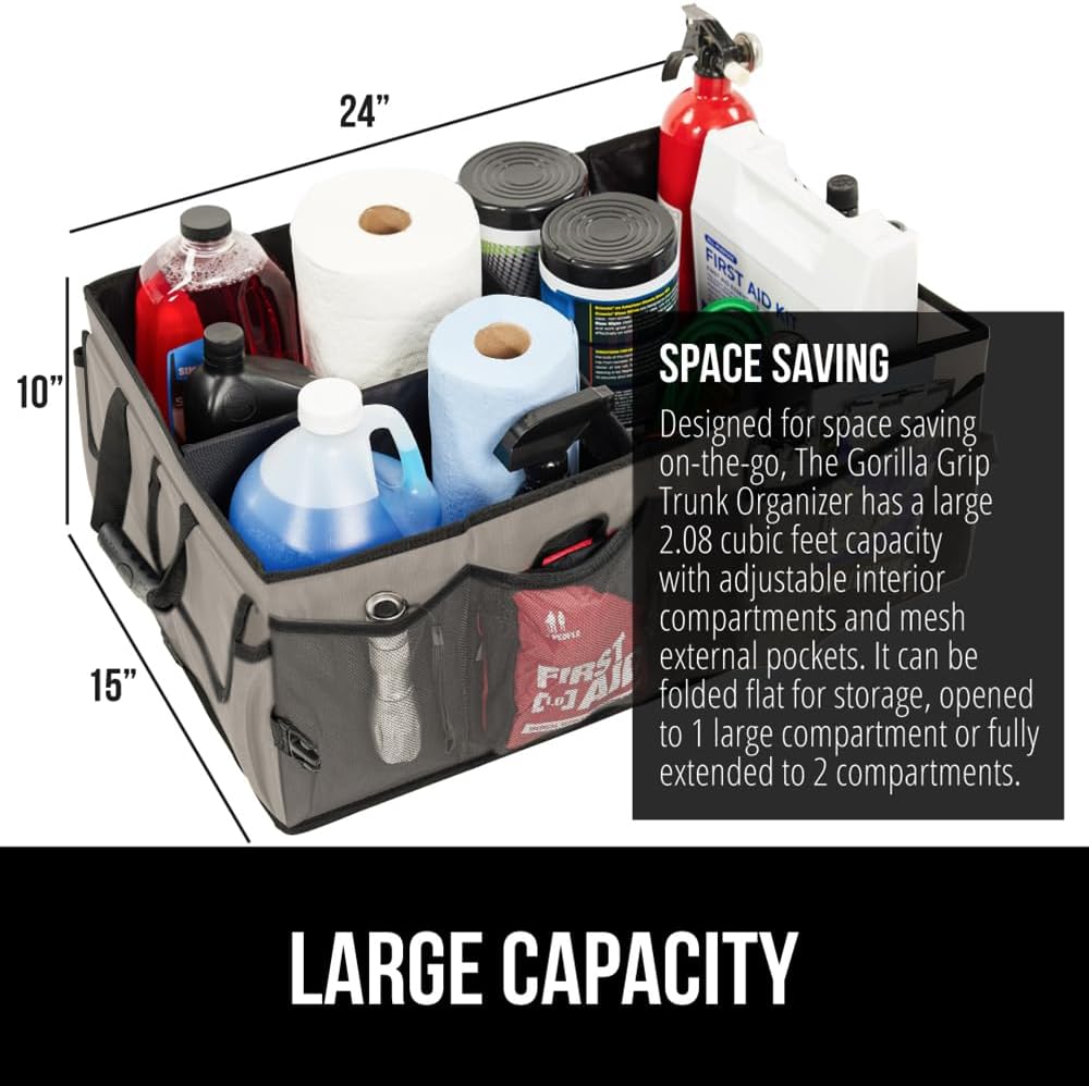 GORILLA GRIP Trunk Organizer for SUV and Cars, Large Capacity Collapsible Car Trunk Storage Organizer, Heavy Duty Car Accessories, Gifts for Mom and Dad, Slip & Water Resistant Multi Compartment Beige
