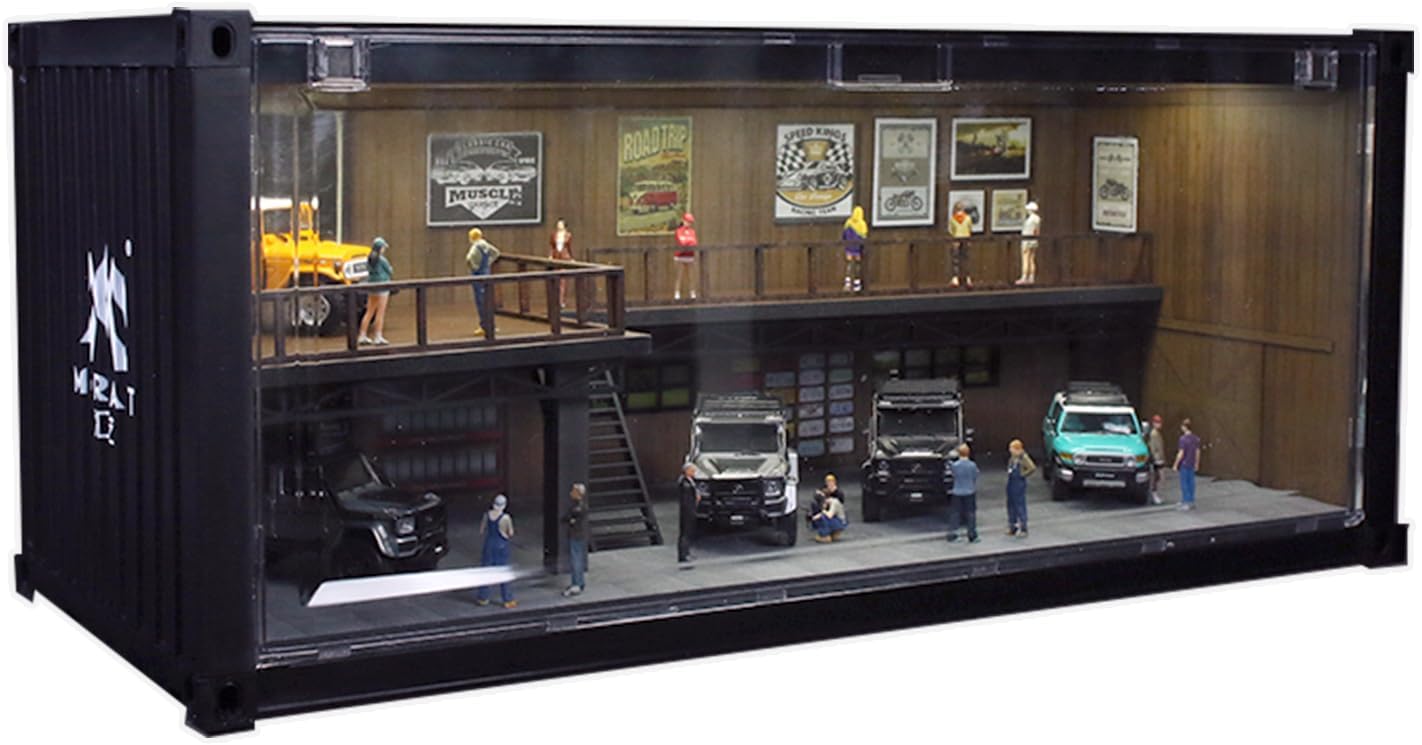 1/64 Scale Display Case with LED Light–Container Box Style Garage Diorama | Compatible with Hot Wheels Matchbox Mini GT Diecast Cars and Storage Stackable, for Model Car and Figures Display