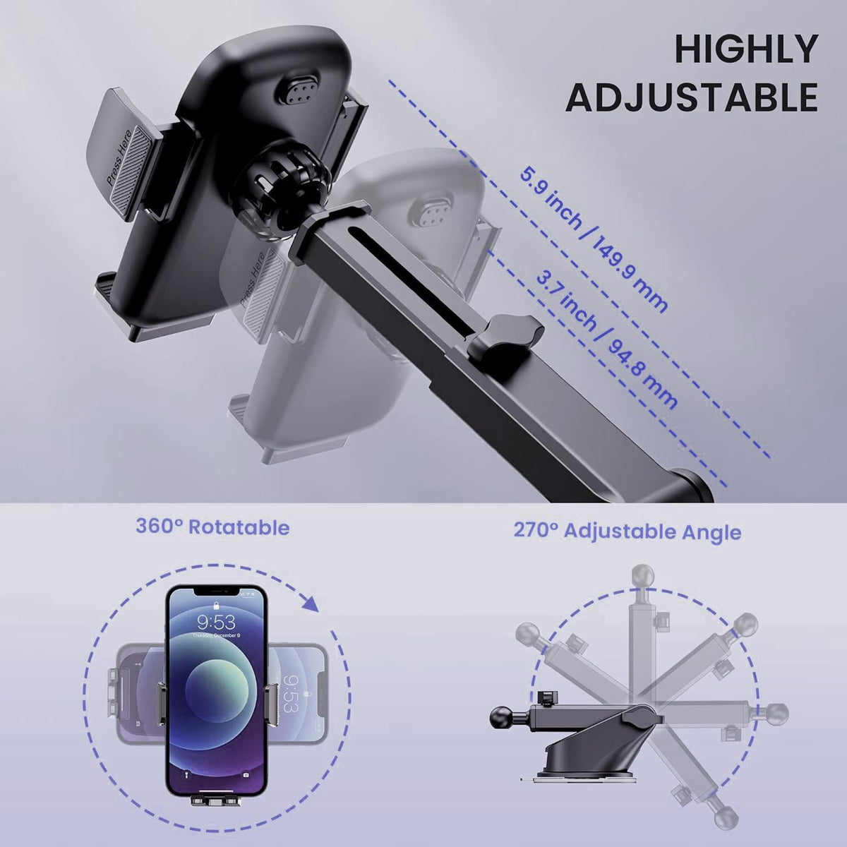 Qifutan Car Phone Holder Automobile Cell Phone Holder Car Mount for iPhone Universal Car Dashboard Mount Fit All Phones Cell Phone Camera Mounts