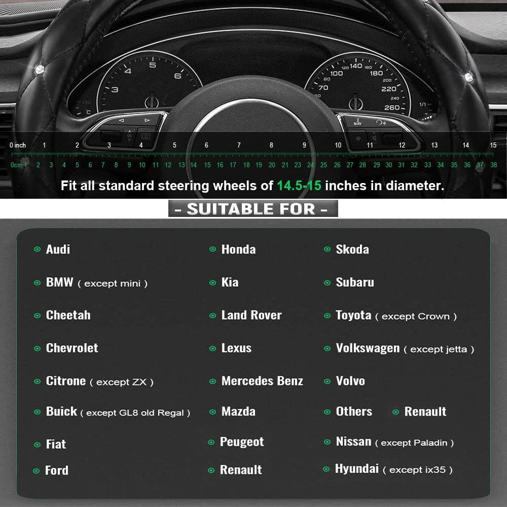 Diamond Leather Bling Steering Wheel Cover, Universal Car Steering Wheel Protector with Crystal Rhinestones Anti-Slip Soft Interior Accessories for Women and Girl Fit 15 inch -Black