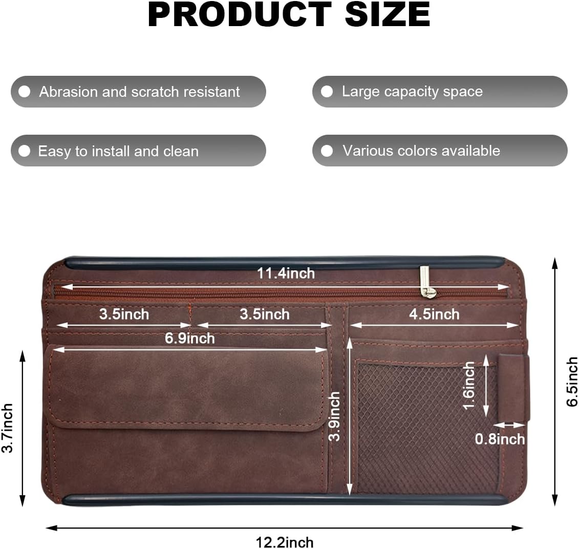 Car Sun Visor Organizer, Leather Sun Visor Pocket Organizer Case with Multi-Pocket Net Zipper, Suede Note Holder Car Visor Storage Pouch for Card Pen Sunglasses Document (Brown)