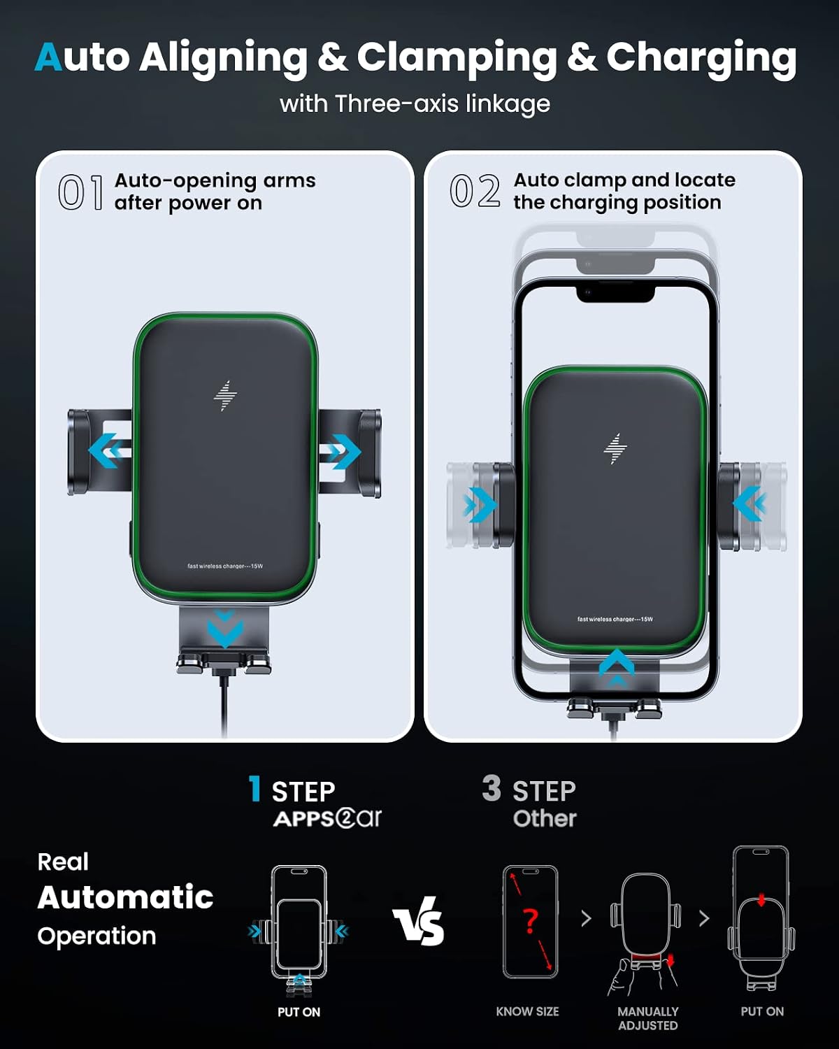 APPS2Car 15W Wireless Car Charger Cup Holder, Dual Coil, Auto Clamping
