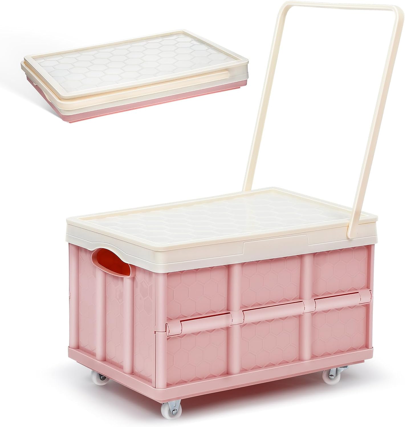 Collapsible Storage Bins with Lids And Wheels, Stackable Folding Storage Boxes for Clothes Toys Books, Home Garage Car Organizer Pink