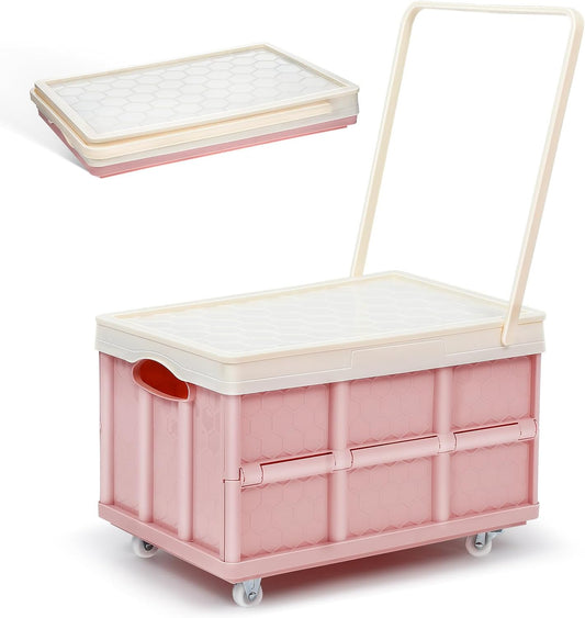 Collapsible Storage Bins with Lids And Wheels, Stackable Folding Storage Boxes for Clothes Toys Books, Home Garage Car Organizer Pink