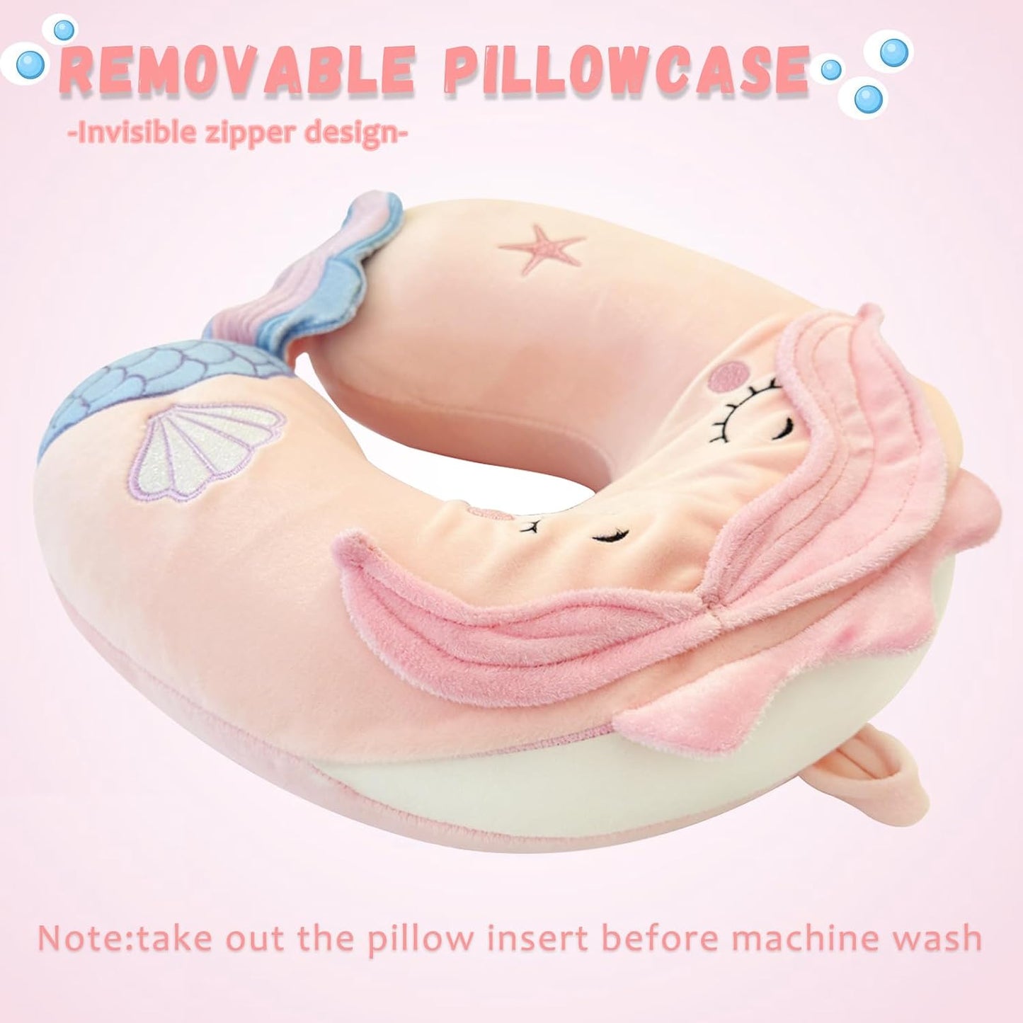 Travel Pillow, Travel Accessories for Car Airplane Traveling, Soft Memory Foam Kids Travel Pillow with Sleep Eye Mask Kids Neck Pillow for Boys & Girls - Cute Pink Mermaid