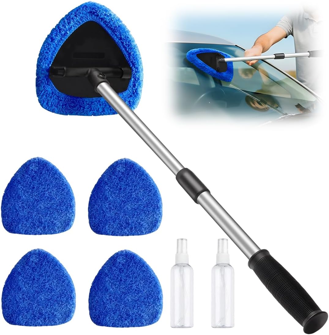 Windshield Cleaner Tool, 180 Degree Rotatable Inside Windshield Cleaning Set, Longer Extendable Windshields Cleaning Tool, Interior Exterior Window Cleaner Tool for Car, 4 Pads 2 Bottles (1, Blue)