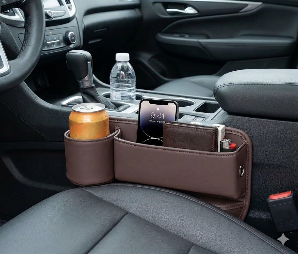 Car Seat Gap Filler Organizer with Cup Holder, Premium Leather Seat Gap Filler, Anti-Drop Car Seat Gap Organizer for Phone, Keys & Wallet, Universal Front Seat Console Organizer for Car, SUV & Truck