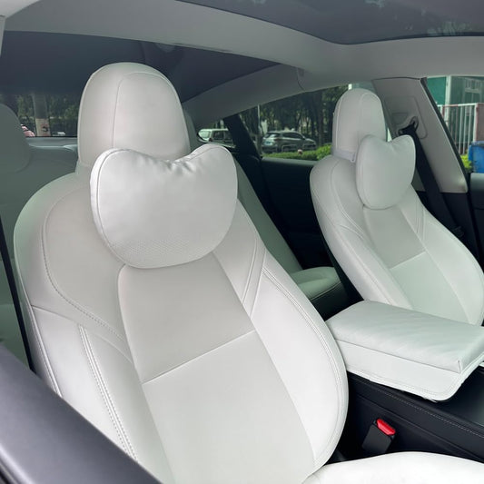 TESBEAUTY Nappa Leather Seat Headrest Pillow 2 Packs for Tesla Neck Pillow Uniquely Designed For Tesla Model X/SY/3 Higher Version Fits Taller Than 5'7", Genuine Nappa Leather Visible Strap White