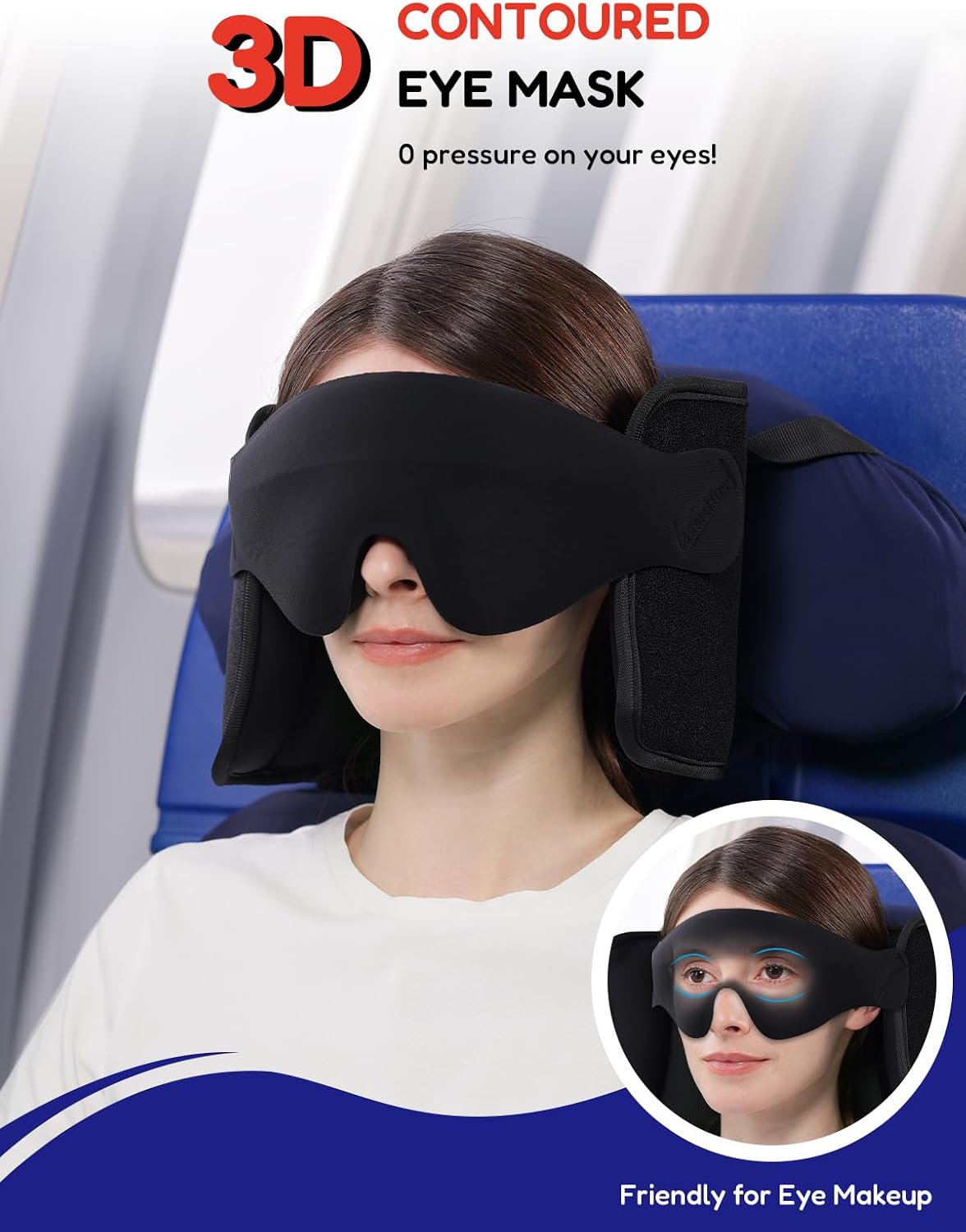 Travel Pillow for Airplanes Head Strap Support, 3D Eye Mask | 360 Airplane Sleep Support Headrest Pillow No Bobbing Head Sleeping Aid Travel Essentials for Long Flights/Car/Trip Blue
