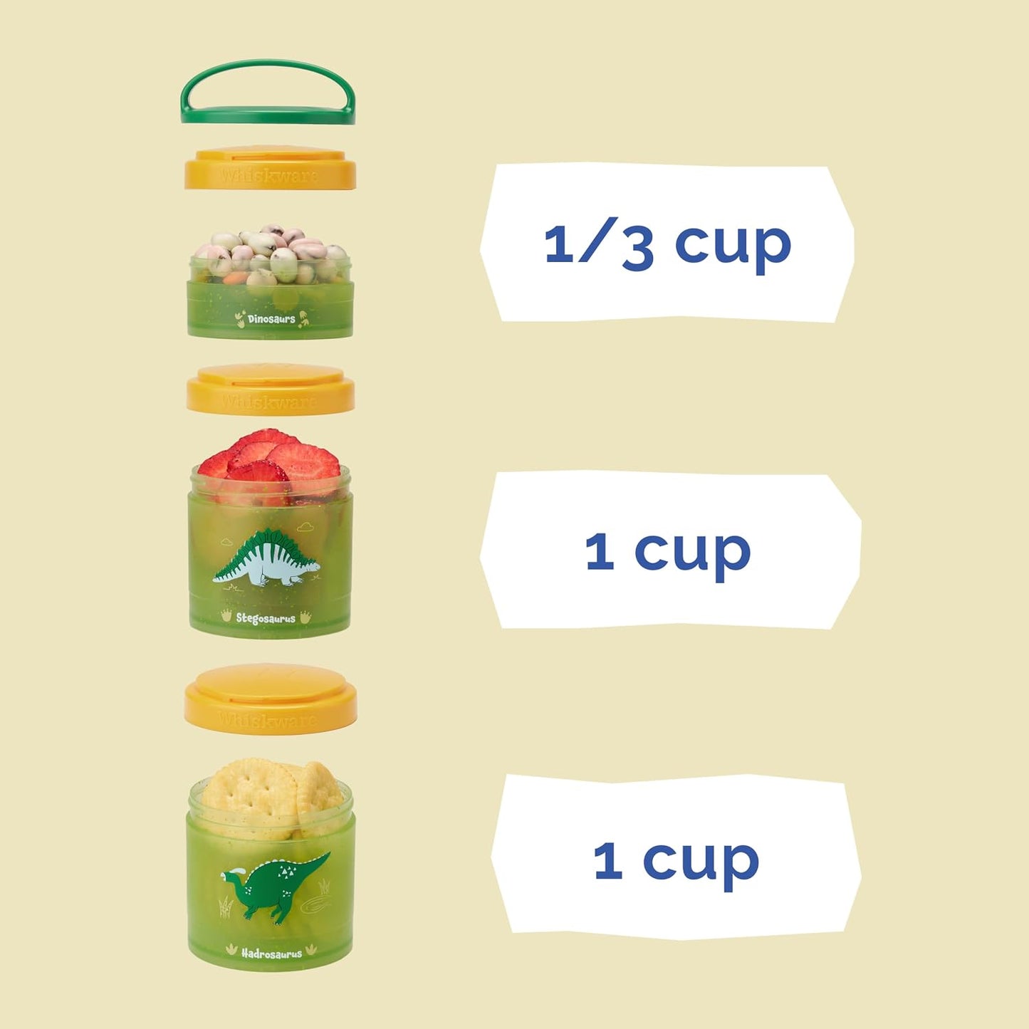 Whiskware Dinosaur Stackable Snack Containers for Babies, Kids, and Toddlers, 3 Stackable Snack Cups for School or Travel, Cupholder Friendly, Blue/Yellow
