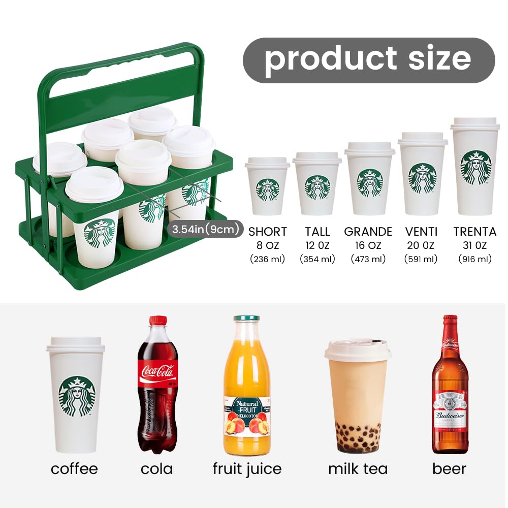 Bodaon 6 Cup Drink Carrier with Handle, Plastic Cup Holders for Take Out Delivery Drivers, Reusable Foldable Car Drink Caddy, Leakproof Food Delivery Accessories, 360° Secure Grip, Green