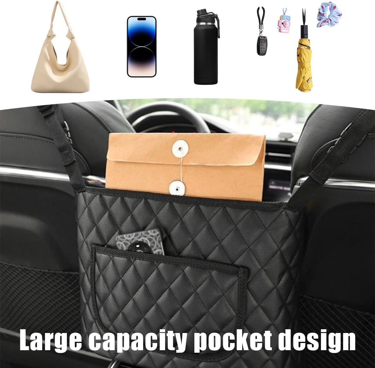 Car Handbag Holder Between Seats, Leather Large Capacity Front Seat Handbag Storage Organizer, Automotive Interior Storage Pocket for Cell Phone Document, Car Accessories