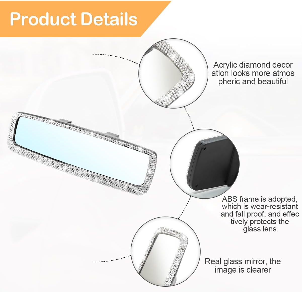 Osilly Rhinestone Clip-On Car Rearview Mirror, Silver