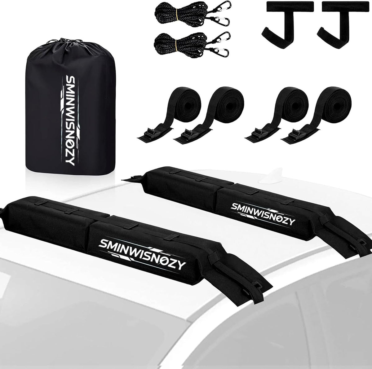 Universal Soft Roof Rack Pads with Two 16 FT Tie-Down Straps, Bow & Stern Ropes, Quick Loops & Storage Bag–Car Roof Rack for Kayak, Surfboard, SUP, Canoe–Fits Cars, SUVs, Sedans & Hatchbacks(1 Pair)