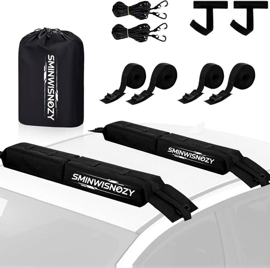 Universal Soft Roof Rack Pads with Two 16 FT Tie-Down Straps, Bow & Stern Ropes, Quick Loops & Storage Bag–Car Roof Rack for Kayak, Surfboard, SUP, Canoe–Fits Cars, SUVs, Sedans & Hatchbacks(1 Pair)