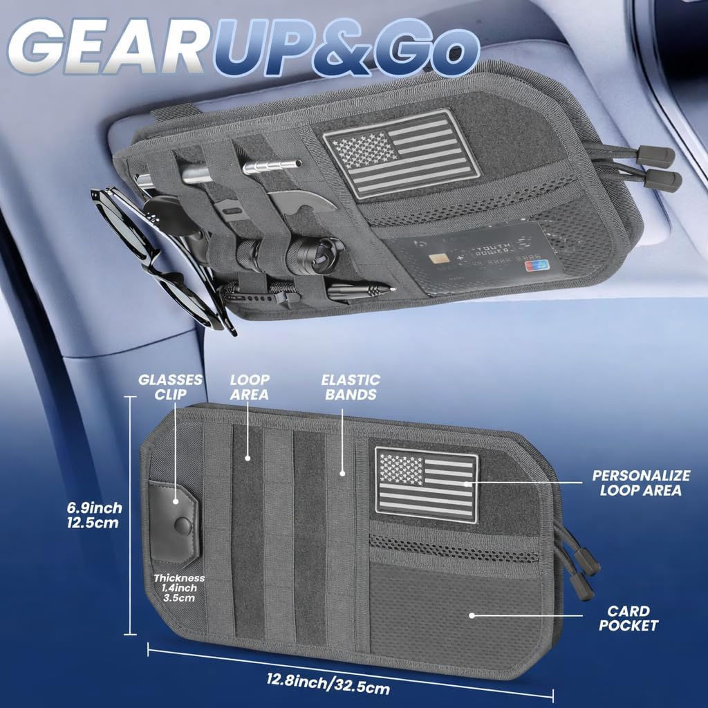 LEPHYON Molle Visor Organizer for Car, 1000D Polyester Heavy Duty Car Visor Organizer with Sunglasses Holder, Pockets, Adjustable Straps, Perfect Truck Accessories, Pickup Patrol Gear Storage (Grey)