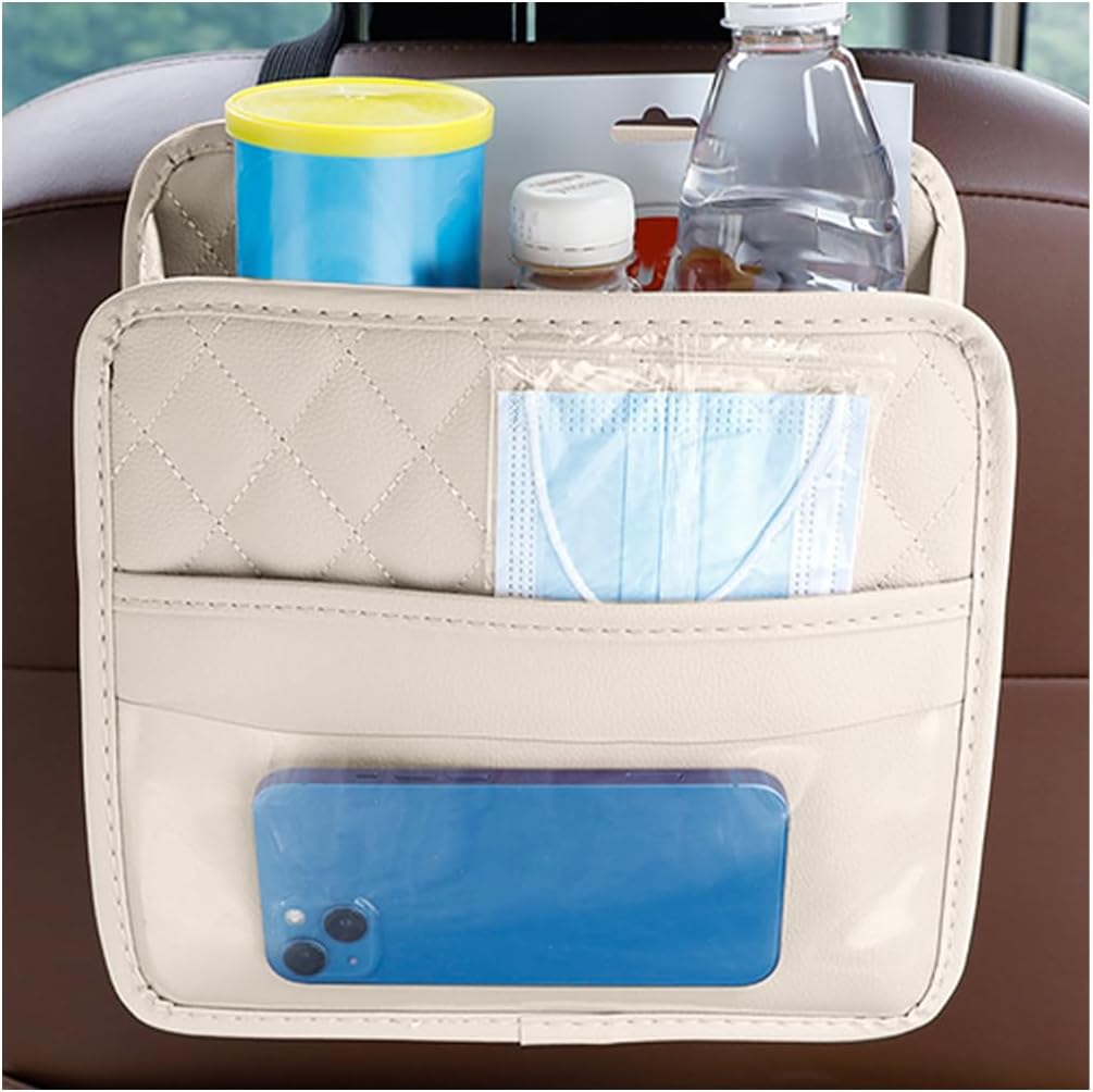Car Seat Back Organizer, Leather Multipurpose Collapsible Vehicle Backseat Hanging Bag, Portable Automotive Interior Seat Storage Organizer, Universal for SUV RV Truck (Pink)