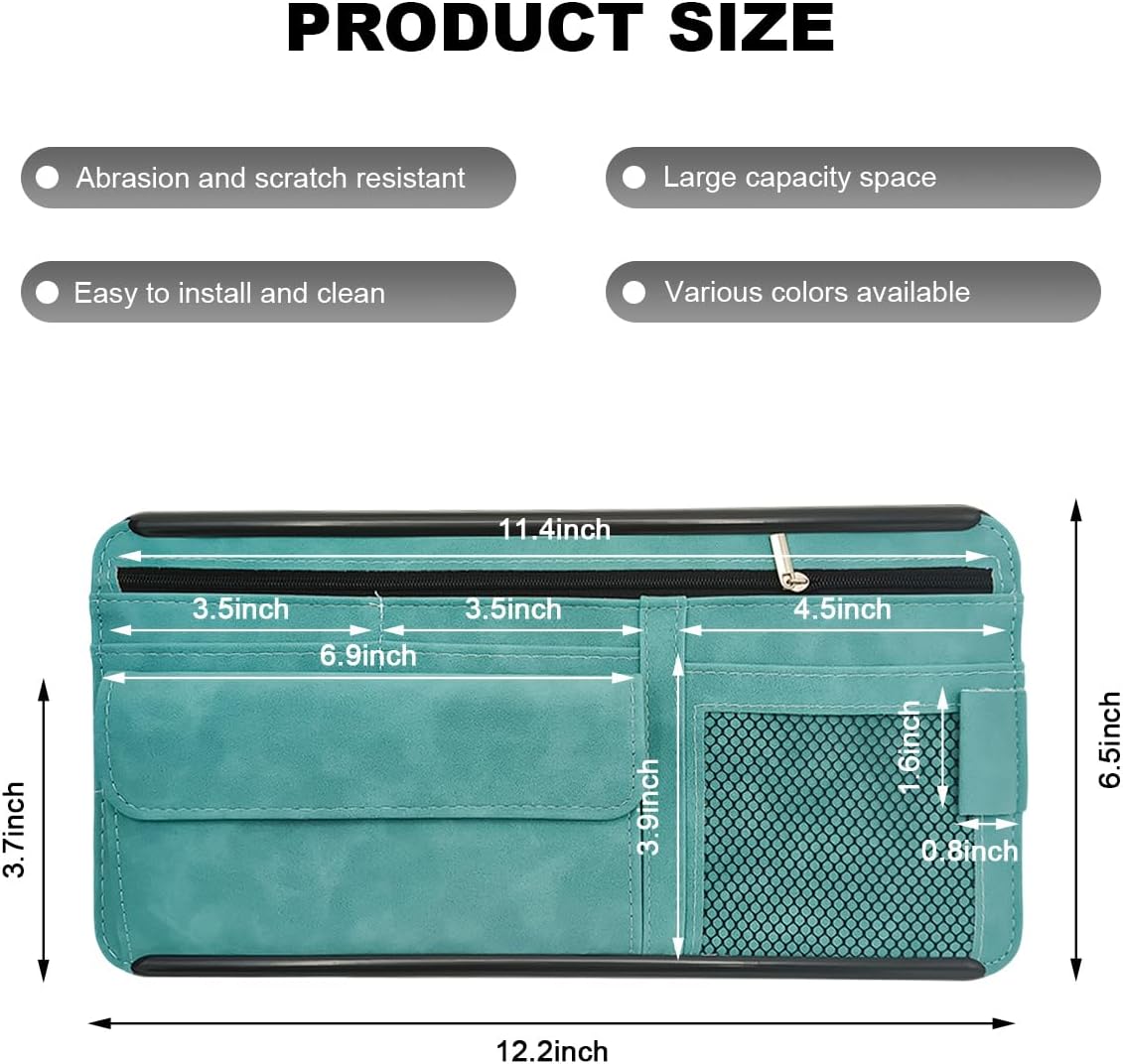 Car Sun Visor Organizer, Leather Sun Visor Pocket Organizer Case with Multi-Pocket Net Zipper, Suede Note Holder Car Visor Storage Pouch for Card Pen Sunglasses Document (Blue)