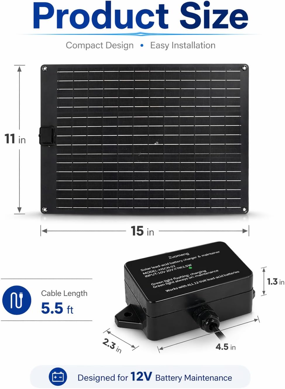 20W Solar Battery Maintainer & Trickle Charger, MPPT & Pulse Tech Solar Panel Kit, 12V Lead-Acid Battery Charger, Weatherproof for Car Boat Dump Trailer Outdoor Use