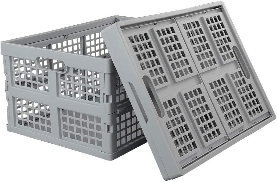 Hespama 2 Pack 35 Quart Plastic Folding Collapsible Milk Crate Basket, Grey