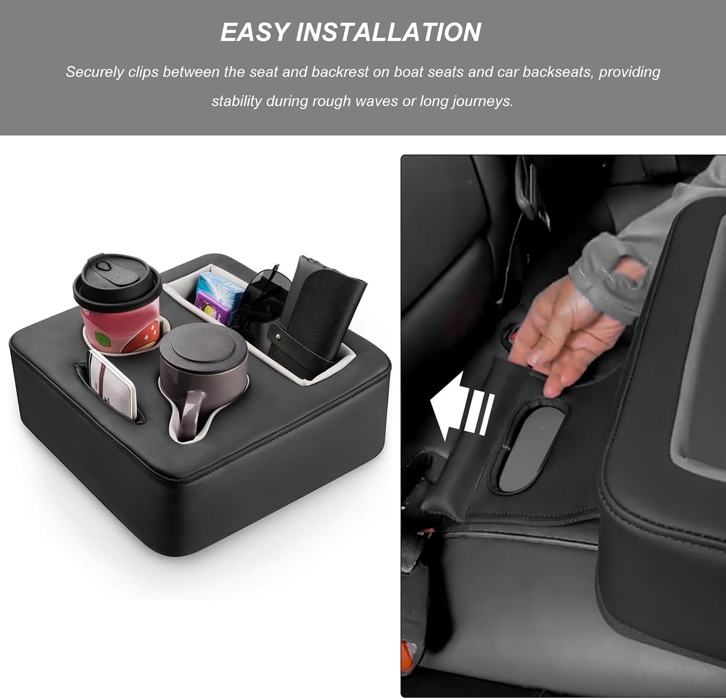 Sun Walker Back Seat Cup Holder for Car, Waterproof Rear Seat Organizer Expander Tray to Store Phone Drink Snack, Universal Leather Cup Holder Pillow for Truck RV Boat Sofa Bed (Black)