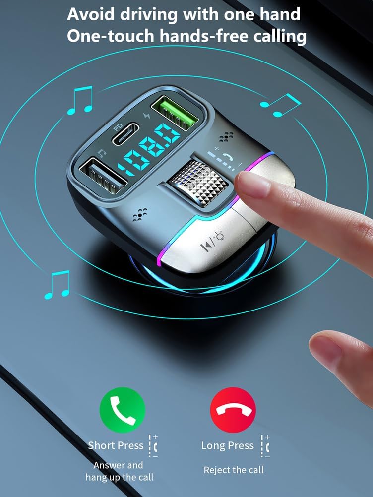 Bluetooth 5.3 FM Transmitter Car Adapter, Wireless Radio Music Adapter LED Display Hands-Free Calling Support USB Drive, PD & QC3.0 USB Charger