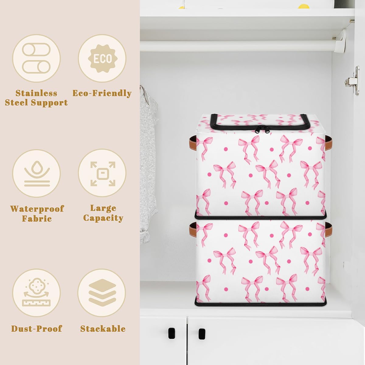 Storage Bins With Zipper Lid, Collapsible Trunk Organizer, Car Organizers and Storage Bins with Lids, Decorative Storage Boxes with Handle, Home Storage Baskets for Organizing (Pink Bow Ribbon)