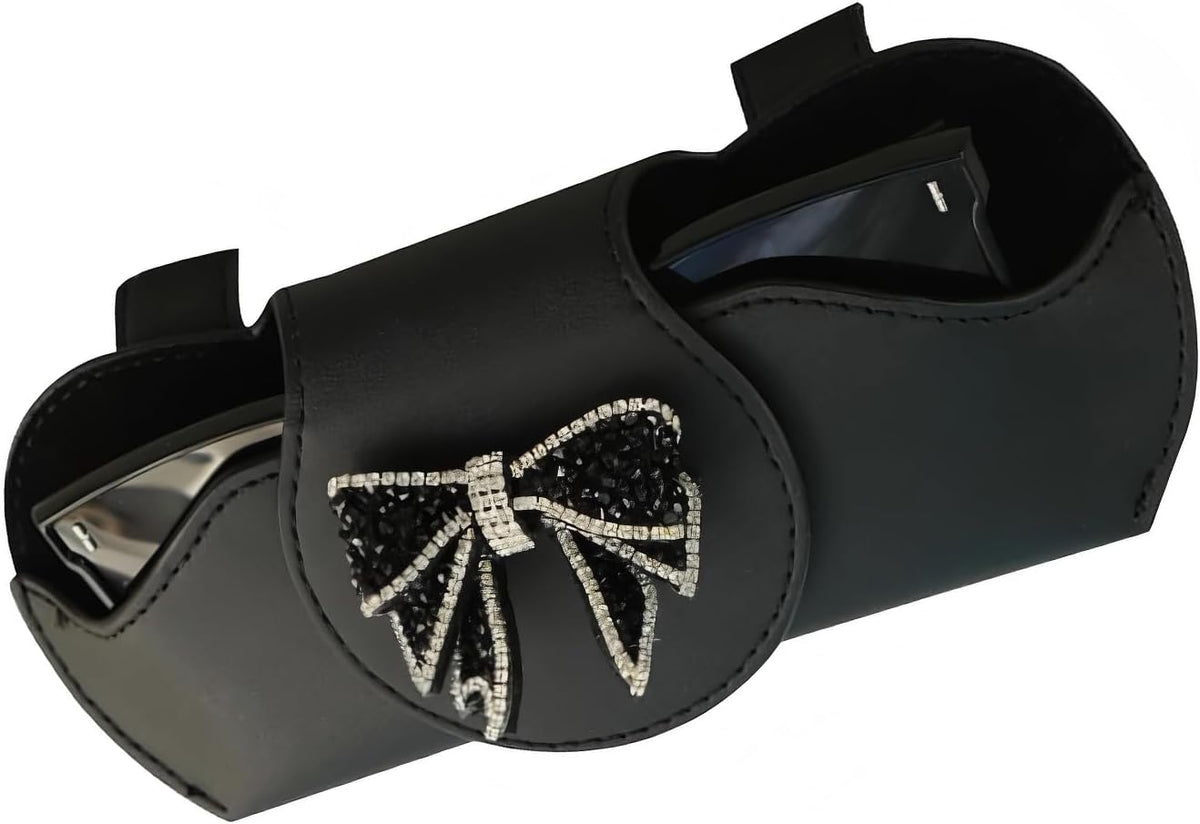 Car Sunglass Holder, Bow Sparkling Rhinestone Visor Sunglasses Holder Clip, Scratch-resistant Car Glasses Case, Universal Vehicle Interior Accessories (Black)