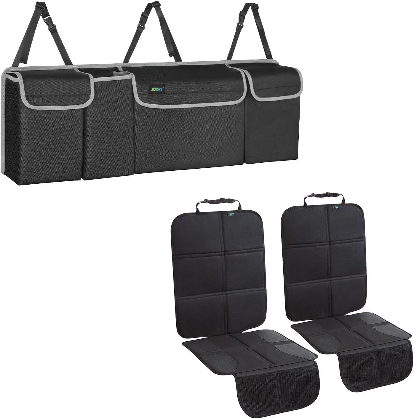 JOYSKY Trunk Organizer and Car Seat Protectors 2 Pack, Space-saving Hanging Car Organizer, Large Seat Cover Protectors, Road TripAccessories