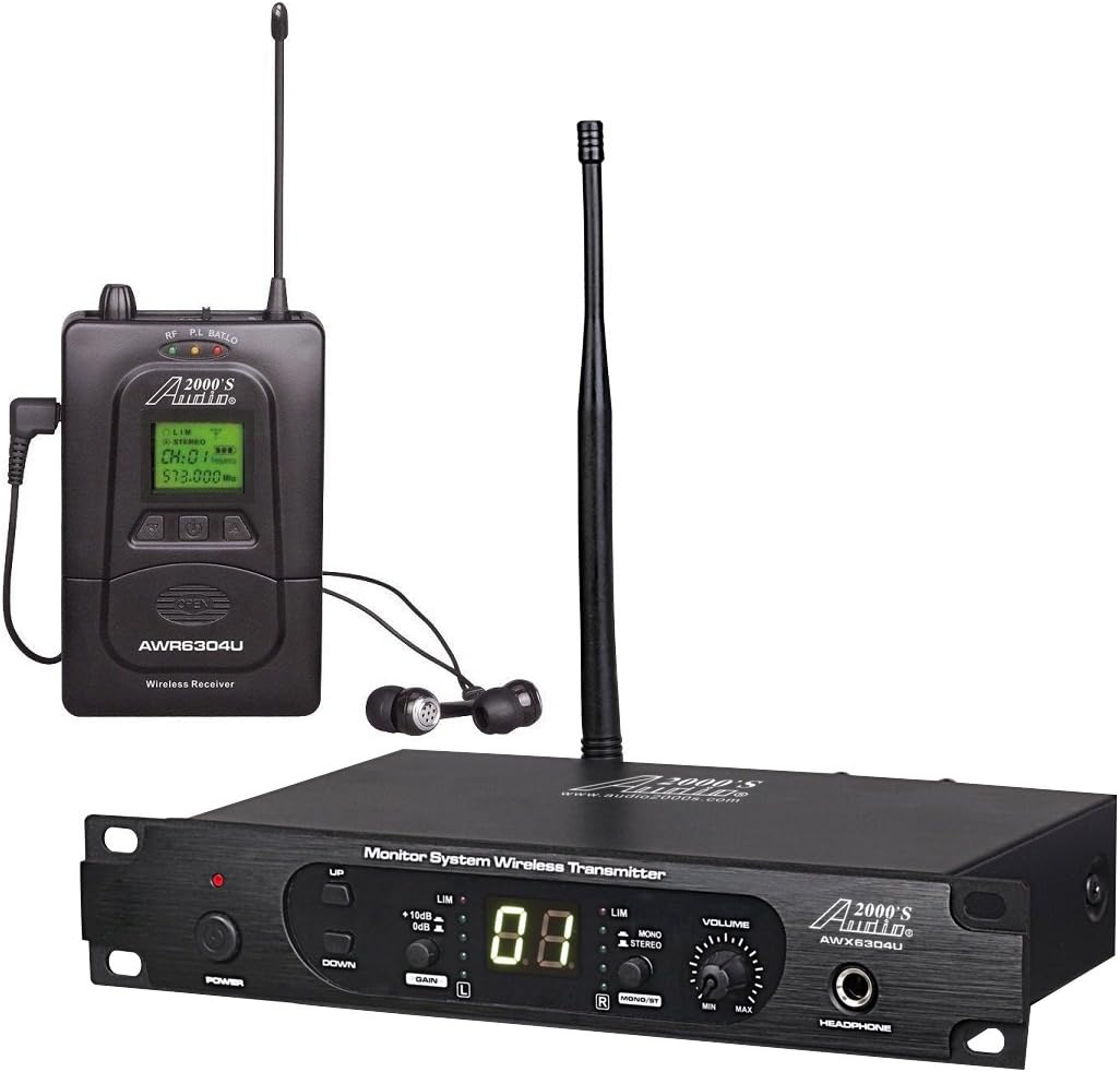 Audio2000'S AWM6306U UHF 100 Selectable Frequency Wireless in-Ear Monitor System with Four Wireless Receivers, One Wireless Transmitter, and One PVC Carrying Case
