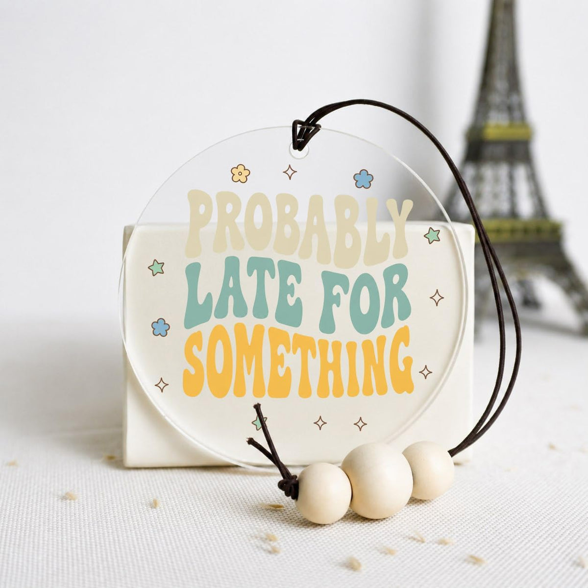 Talataca Probably Late for Something 2D Flat Car Ornament & Wood Beads, Funny Quote Beaded Rear View Mirror Accessories, Retro Rearview Hanging Charm, Christmas Tree Decor