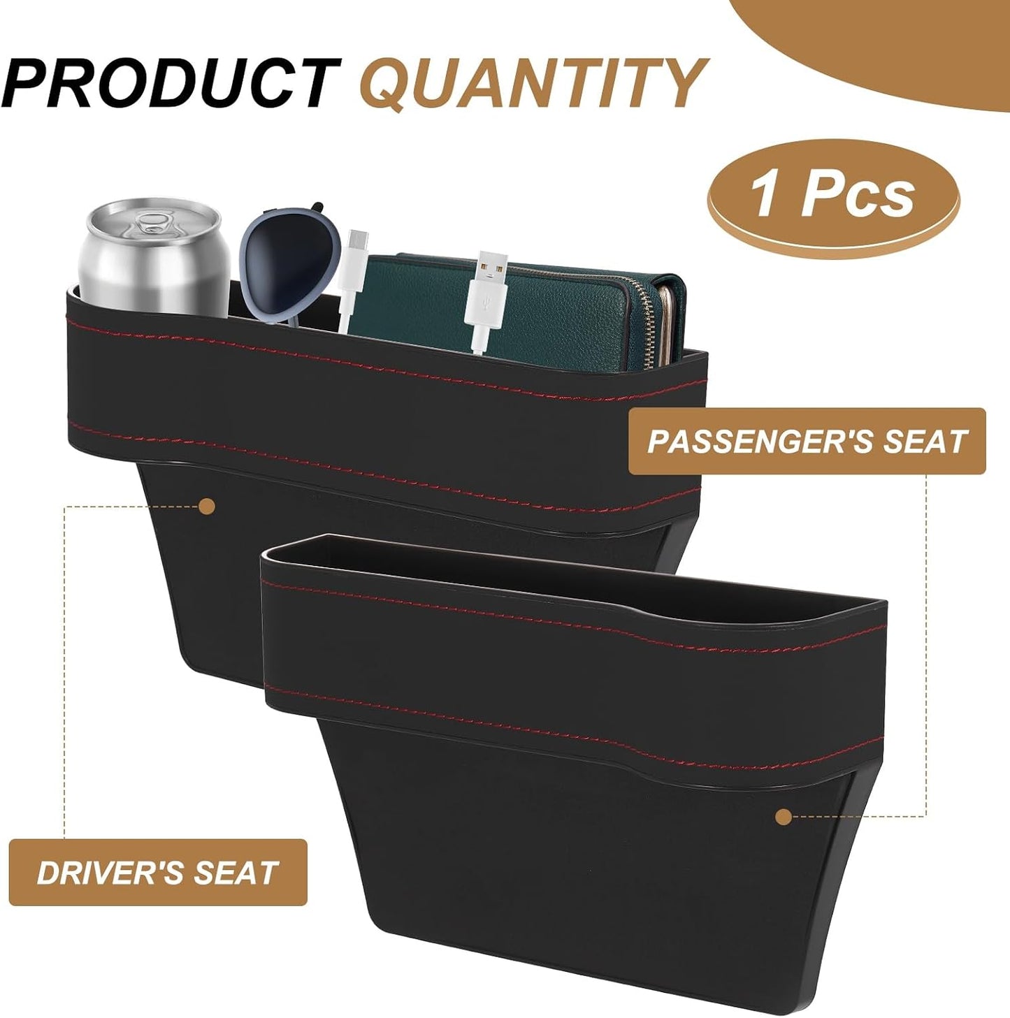HARFINGTON Car Seat Gap Filler Organizer 10.2 x 6.5 x 3.1 Inch ABS+Leather Universal Car Organizer Storage Box Between Seat and Console (Right) with Cup Holders for Phone Keys, Black