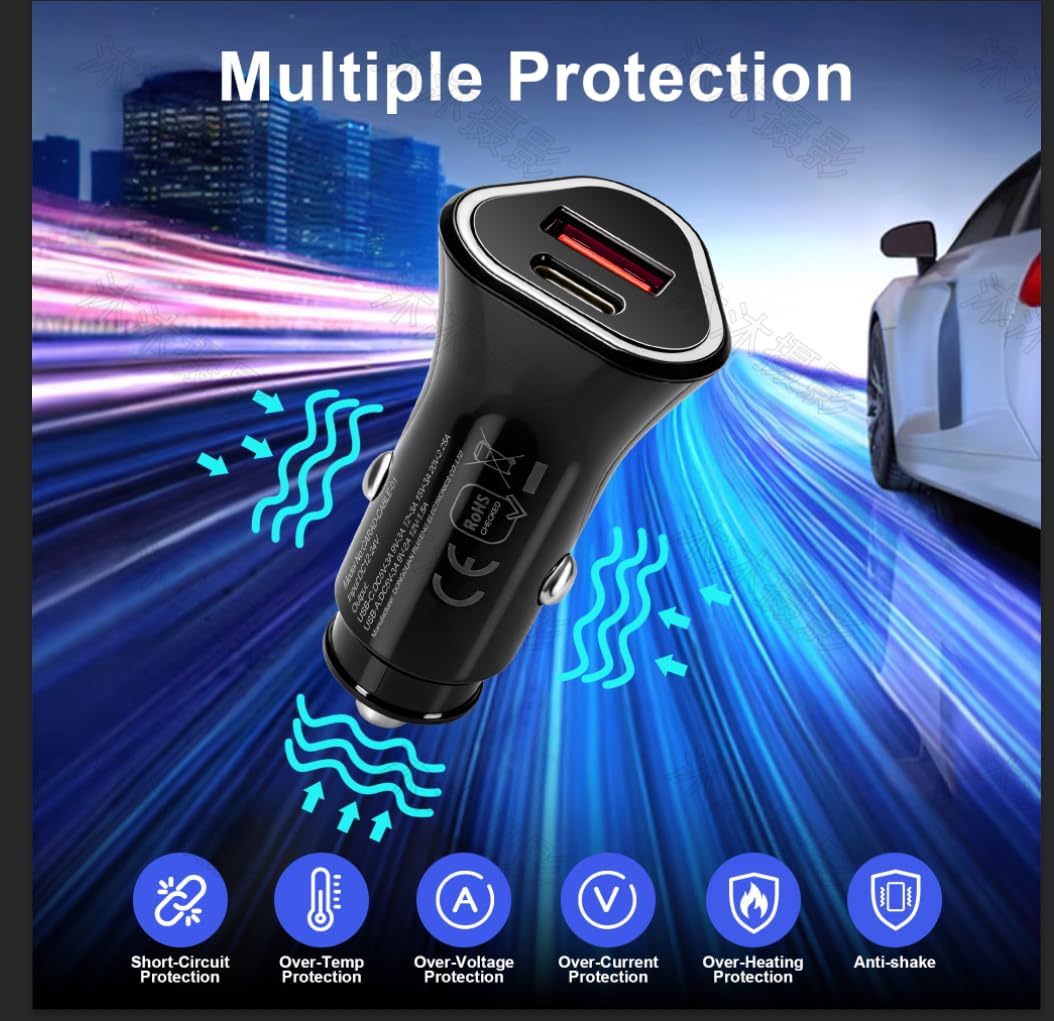65W USB C Car Charger, 2-Port Super Fast Charging Cigarette Lighter Adapter