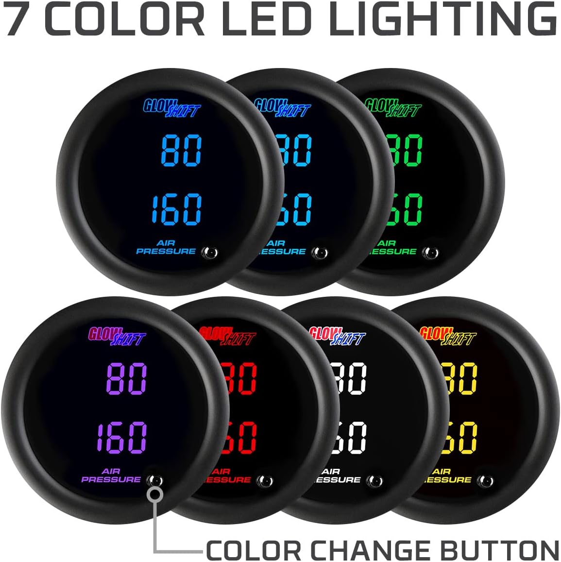 GlowShift Tinted 7 Color 220 PSI Dual Digital Air Pressure Gauge Kit