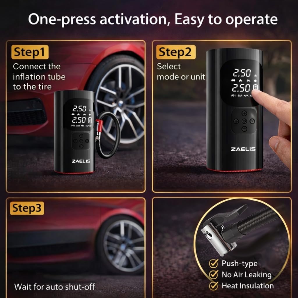 Tire Inflator Portable Air Compressor - 3X Faster 150PSI Air Pump for Car Tires, 12V DC Cordless Tire Inflator with LED Light & Digital Pressure Gauge, Electric Pump for Car, Bike, Motor, Ball