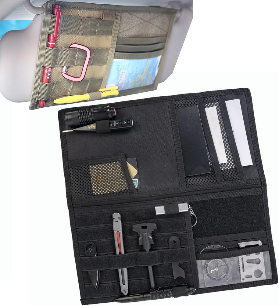 Large Molle Visor Organizer, Tactical Visor Organizer, Car Sun Visor Organizer Truck Accessories for Men, Tactical Gear for Men (Khaki)