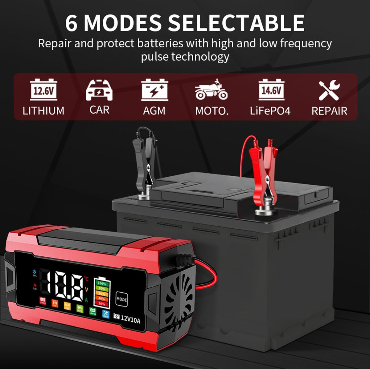 12V 10-Amp Battery Charger, Smart Trickle Charger Maintainer, 12V Lead-Acid LiFePO4 Lithium Battery Charger, Auto Battery Repair & Desulfator, Temperature Compensation for Car Truck Motorcycle Boat