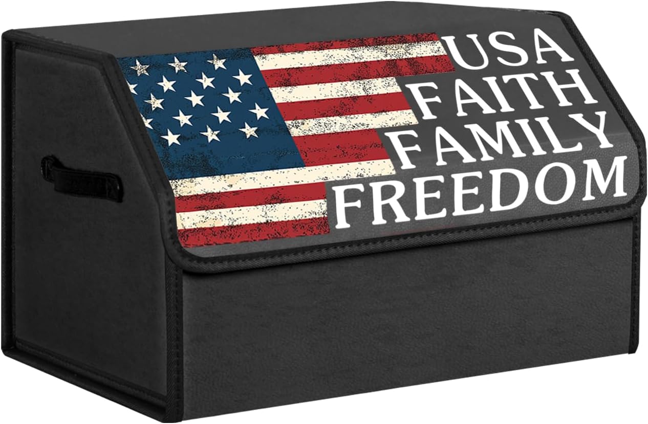 Car Trunk Organizer with Lid, Vintage American Flag USA Print Collapsible Storage Box, Waterproof PU Leather Car Cargo Storage Bin with Handle, Auto Interior Accessories for SUV Truck Vehicle