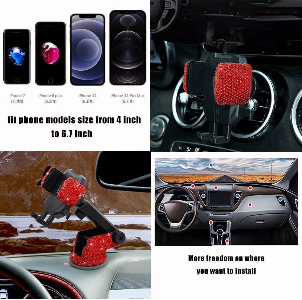 LYCARESUN Bling Car Phone Mount Holder,Shiny Crystal Rhinestone Phone Stand for Women and Girls, Car Accessories for Windshield Dashboard,Compatible with Most Cellphones (red)