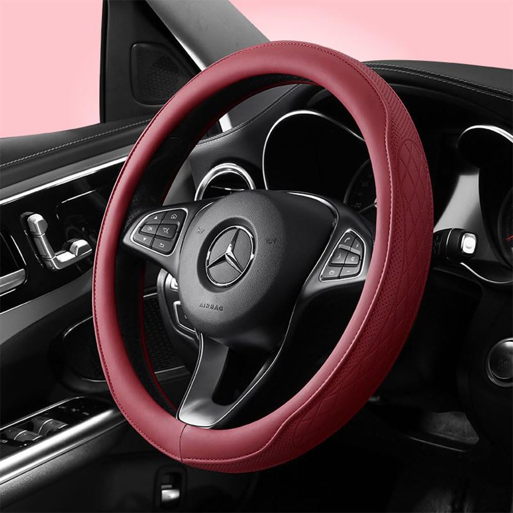Burgundy Steering Wheel Cover, Premium Perforated Synthetic Leather with Odorless Rubber Inner, Non-Slip Universal Fit for Sporty and Luxury Car Interiors (Burgundy)