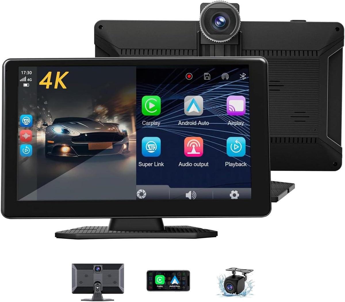 9-Inch Wireless CarPlay & Android Auto Car Stereo with 1080P Backup Camera, 4K Dash Cam, HD Portable Touchscreen/GPS Navigation/Mirror Link/AUX & FM Transmitter/Voice Control for All Vehicles