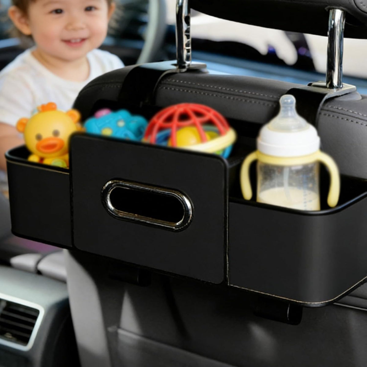 Car Organizer and Storage Box, 3-in-1 Car Seat Back Storage Box, Multifunctional Headrest Backseat Organizer with 2 Cup Holders, Smart Car Organizer for Most Vehicles (2pcs White)