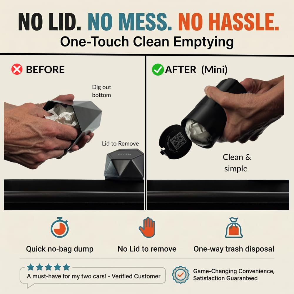 Trash Trapper Car Trash Can Cup Holder | Mini Car Trash Can | Fits in Most Doors | 5.1" x 2.9" | Traps More & Empties Less, Patent-Pending Compaction, Holds Weeks of Small Garbage, Black/Grey